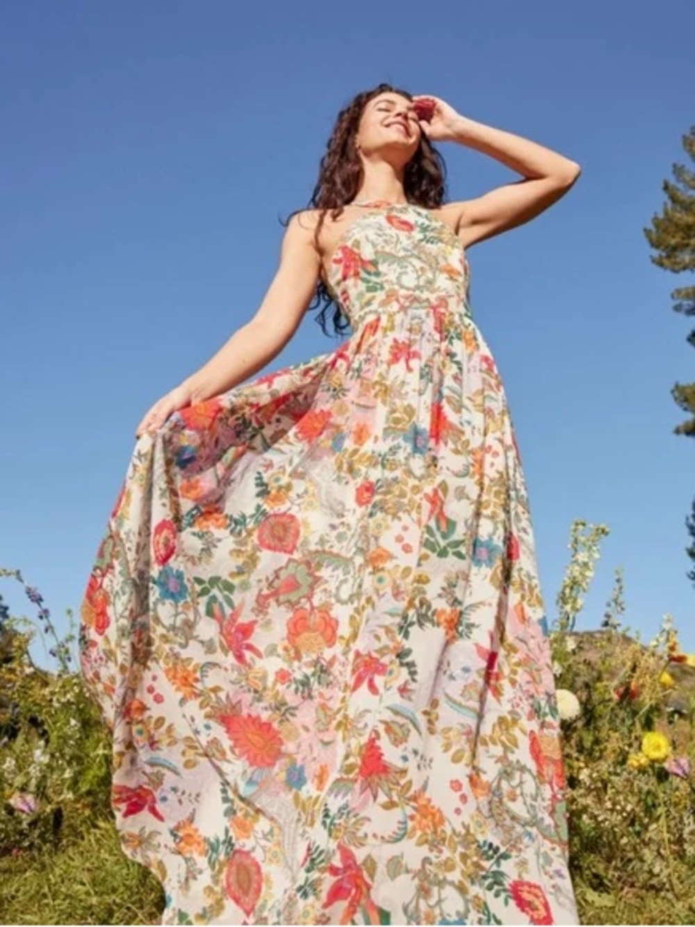 New! Lulu's Lilja Cream Floral Print Halter Maxi Dress Sz L - Picture 2 of 10